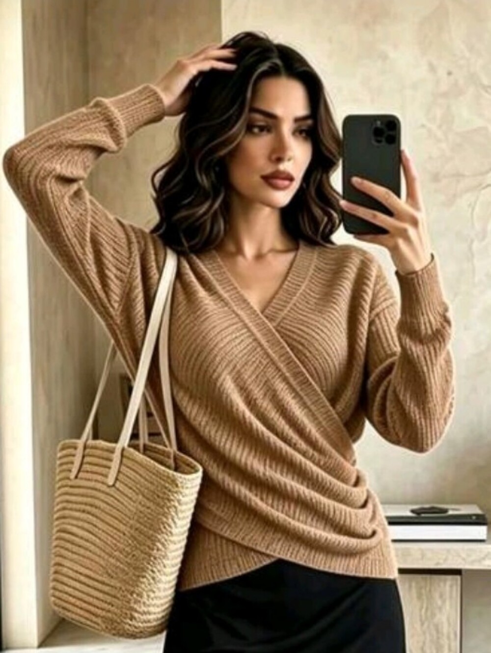 BRAND NEW ** Women’s V-Neck Wrap Knit Sweater in Camel